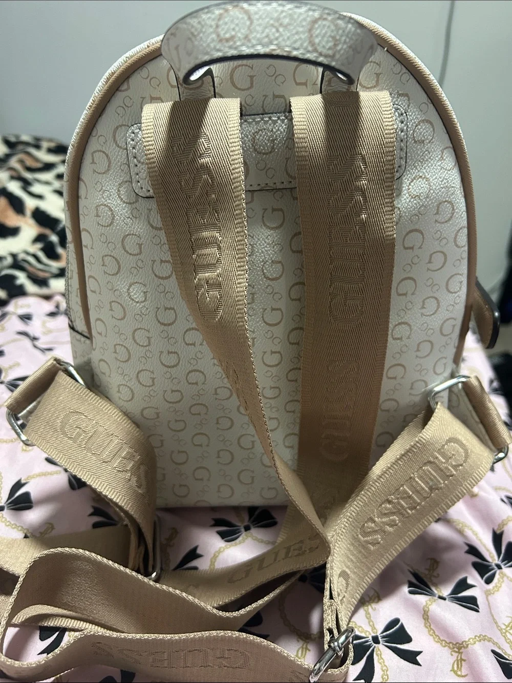 GUESS Cream and Tan Logo Mini Backpack
